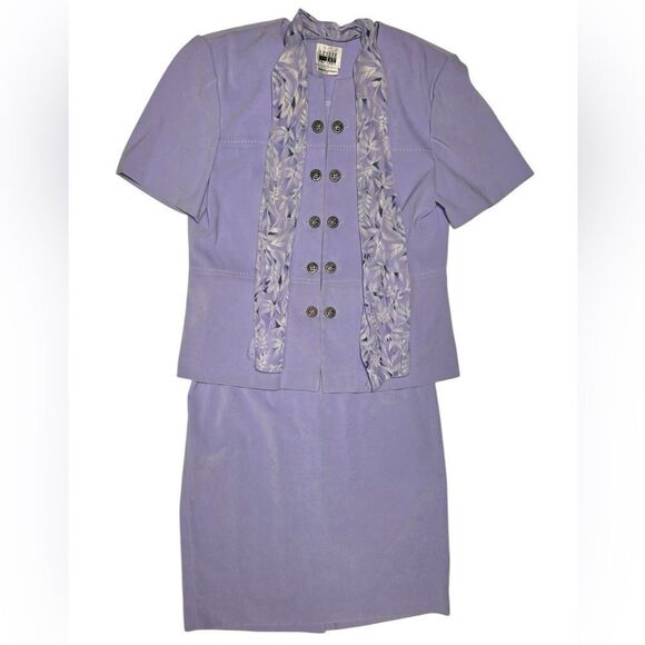 Vintage Leslie Fay Lilac Purple Two-Piece Skirt Suit with Floral Scarf Size 12 - Picture 1 of 13
